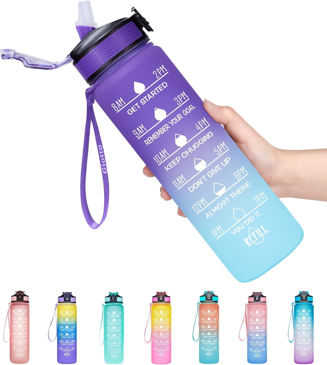 32Oz Large Leakproof BPA Free Drinking Water Bottle with Time Marker & Straw to Ensure You Drink Enough Water Throughout the Day for Fitness and Outdoor Enthusiasts-Ombre Purple Green