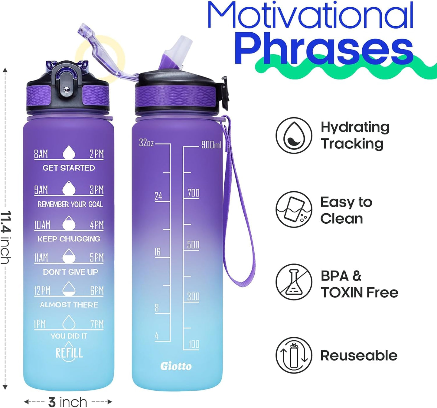 32Oz Large Leakproof BPA Free Drinking Water Bottle with Time Marker & Straw to Ensure You Drink Enough Water Throughout the Day for Fitness and Outdoor Enthusiasts-Ombre Purple Green