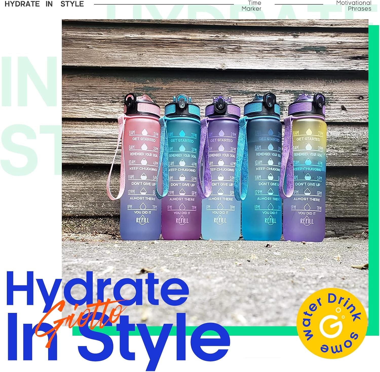 32Oz Large Leakproof BPA Free Drinking Water Bottle with Time Marker & Straw to Ensure You Drink Enough Water Throughout the Day for Fitness and Outdoor Enthusiasts-Ombre Purple Green